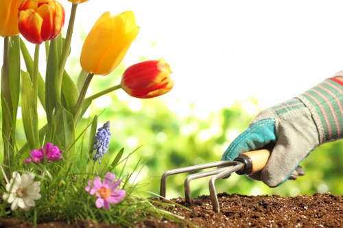 Landscaping worker planning safe outdoor maintenance with equipment